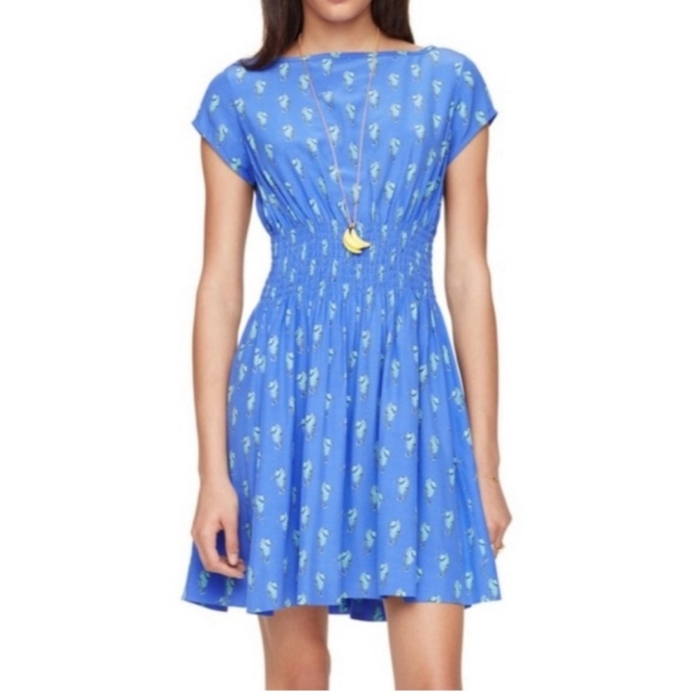 Kate Spade ♠️ New York Silk Seahorse Cap Sleeve Smocked Dress Small